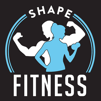 Silhouettes of people exercising, "Shape Fitness".