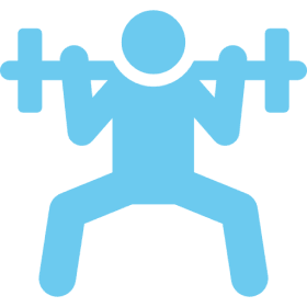 Person lifting barbell icon on black background.