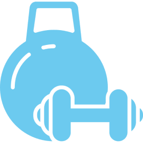 Blue kettlebell and dumbbell on black background.